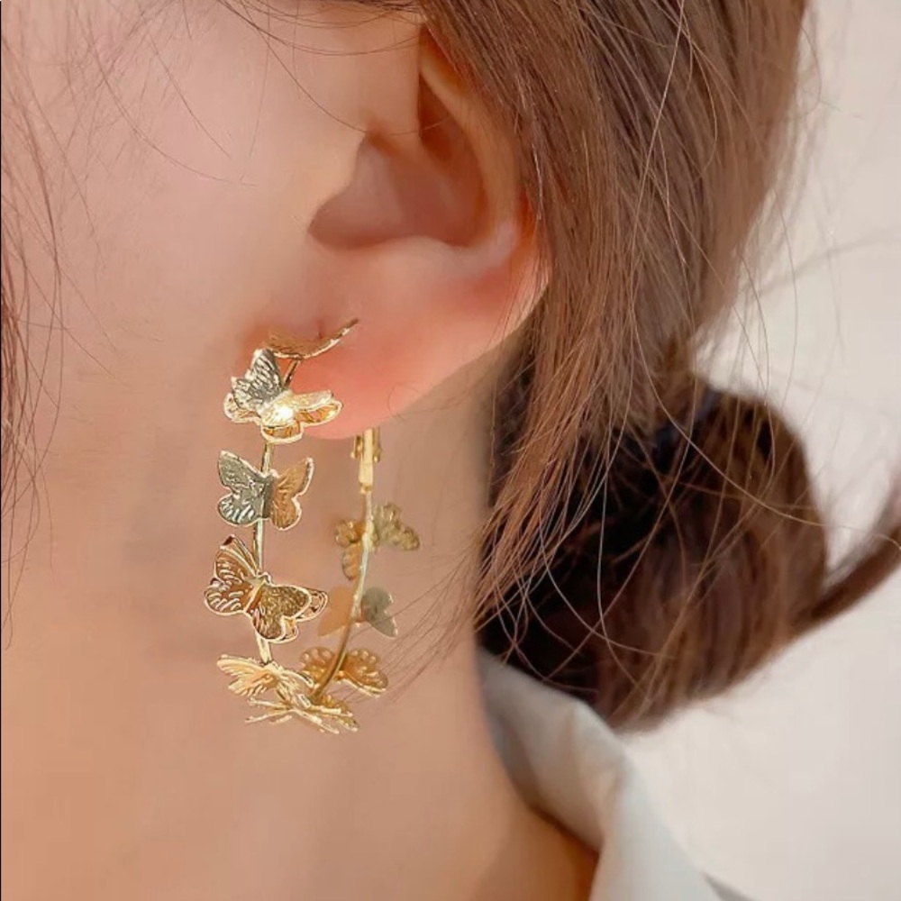 Gold Butterfly Hoop Earrings - Picture 2 of 7